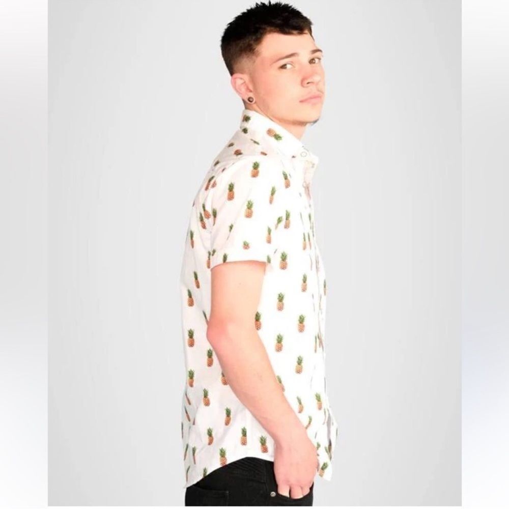 Denim & Flower M Slim White Gold Green Pineapple Print Short Sleeve Casual Shirt